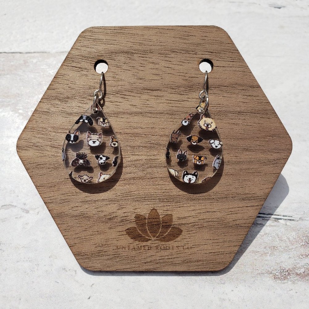 Puppy Dog Print Small Teardrop Earrings, Acrylic, Stainless Steel, Handmade